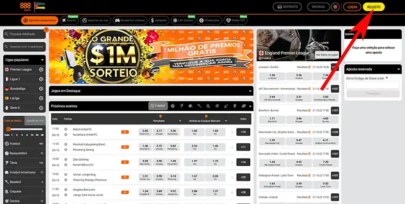 o botão "Registar" 888bets